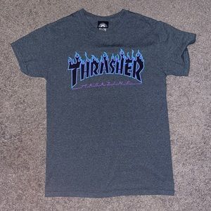 Thrasher t shirt (grey, purple, and blue)